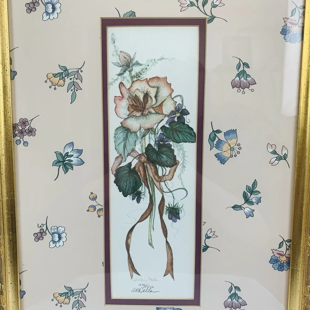 Vtg Framed Botanical Print Floral Wall Art Blossoms Gold Frame Cottage Signed